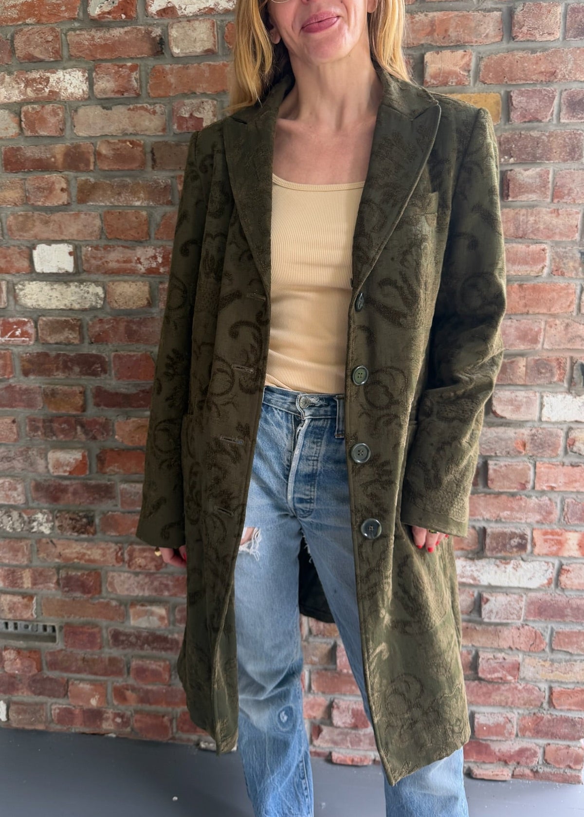 1990s - 2000s Green Damask Floral Long Coat