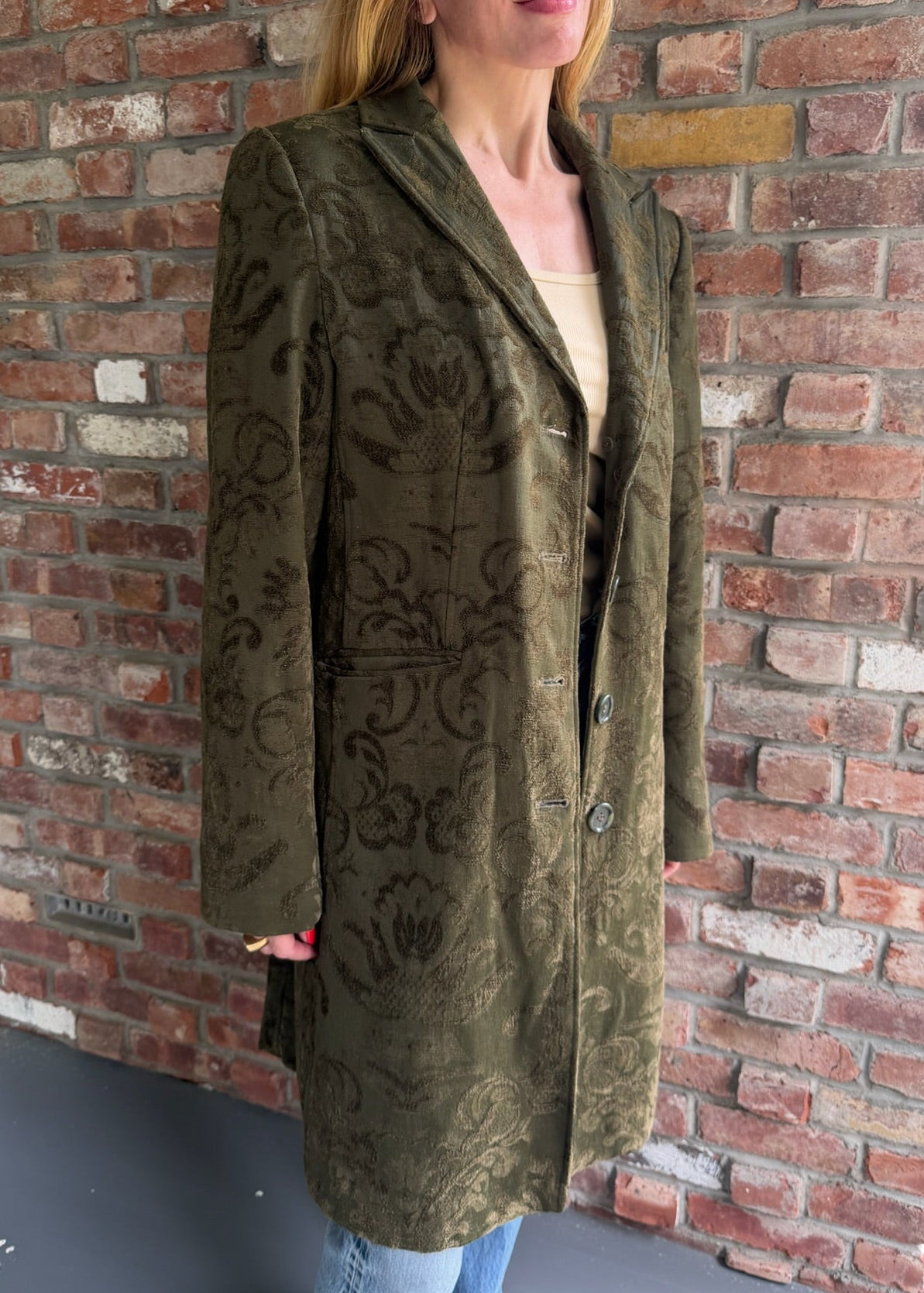 1990s - 2000s Green Damask Floral Long Coat