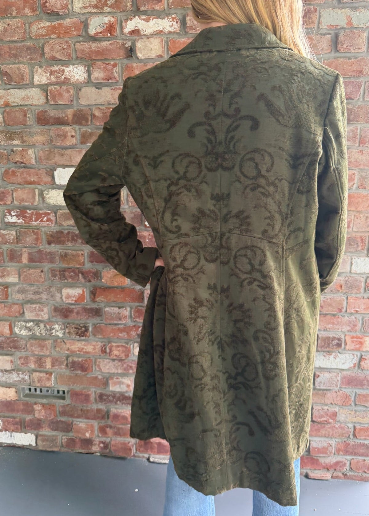1990s - 2000s Green Damask Floral Long Coat