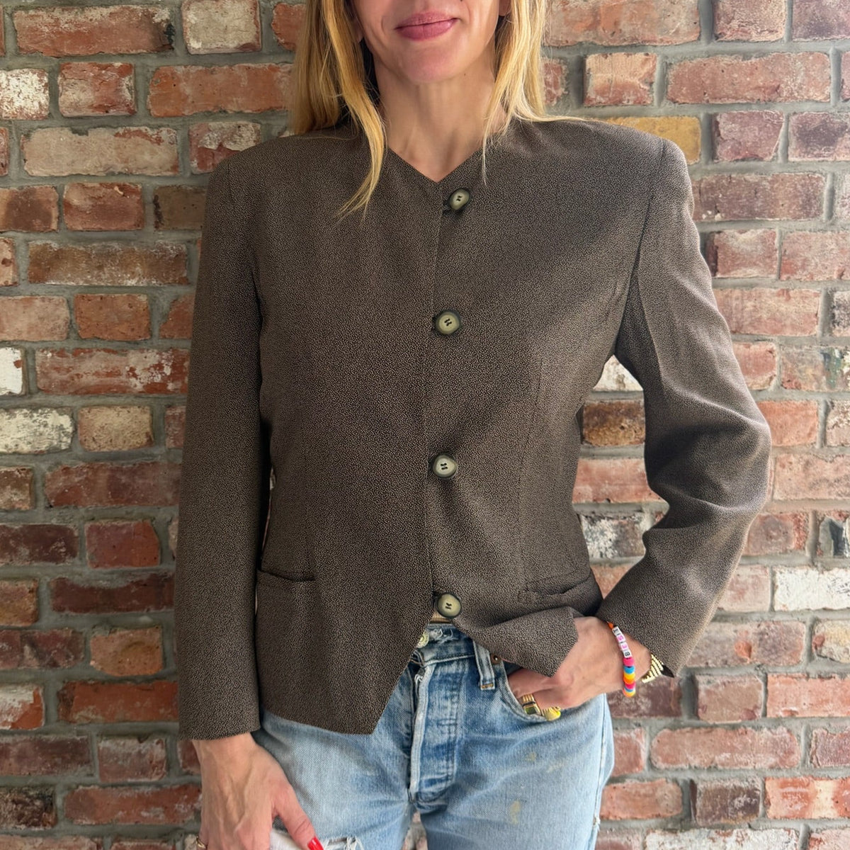 1980s Christian Dior Black and Brown Collarless Jacket