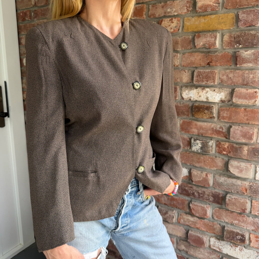 1980s Christian Dior Black and Brown Collarless Jacket