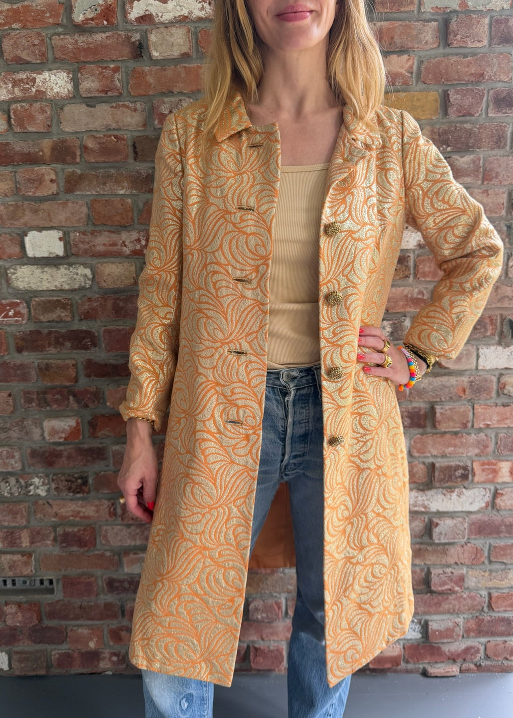 1960s - 1970s Gold & Orange Metallic Brocade Long Coat