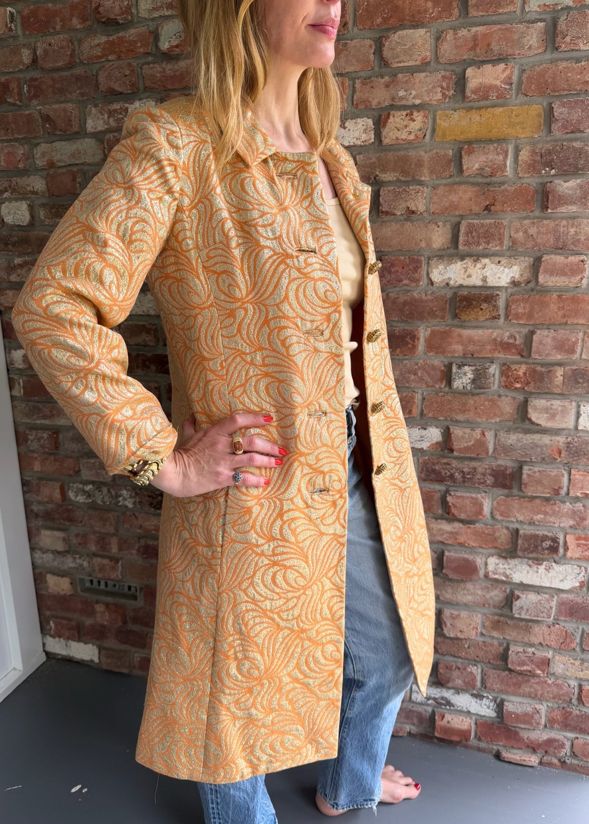 1960s - 1970s Gold & Orange Metallic Brocade Long Coat