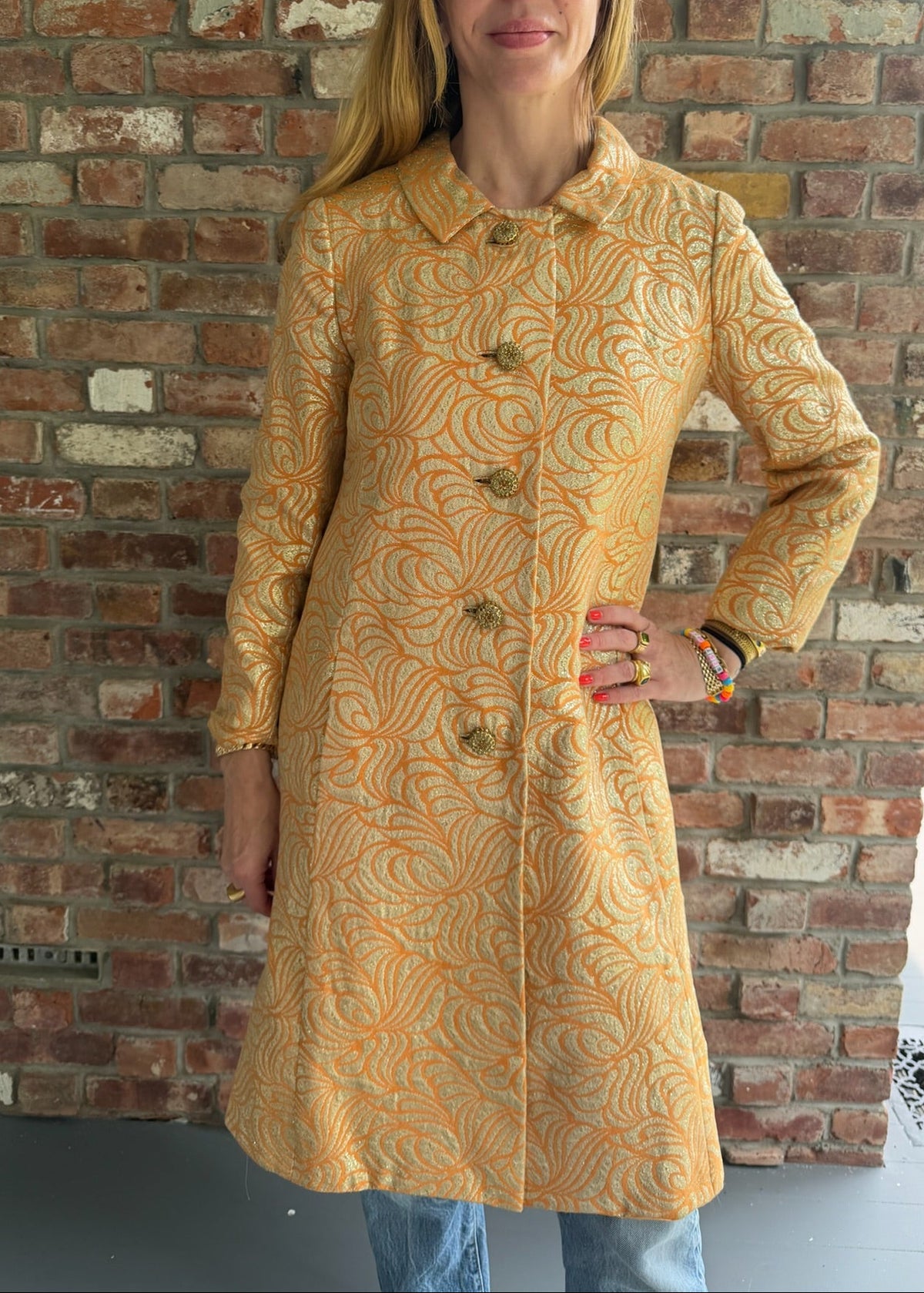 1960s - 1970s Gold & Orange Metallic Brocade Long Coat