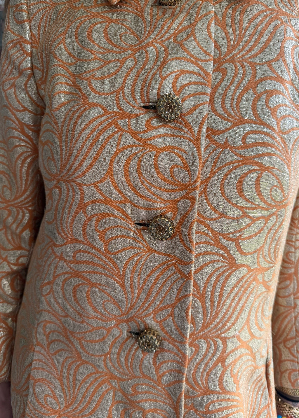 1960s - 1970s Gold & Orange Metallic Brocade Long Coat
