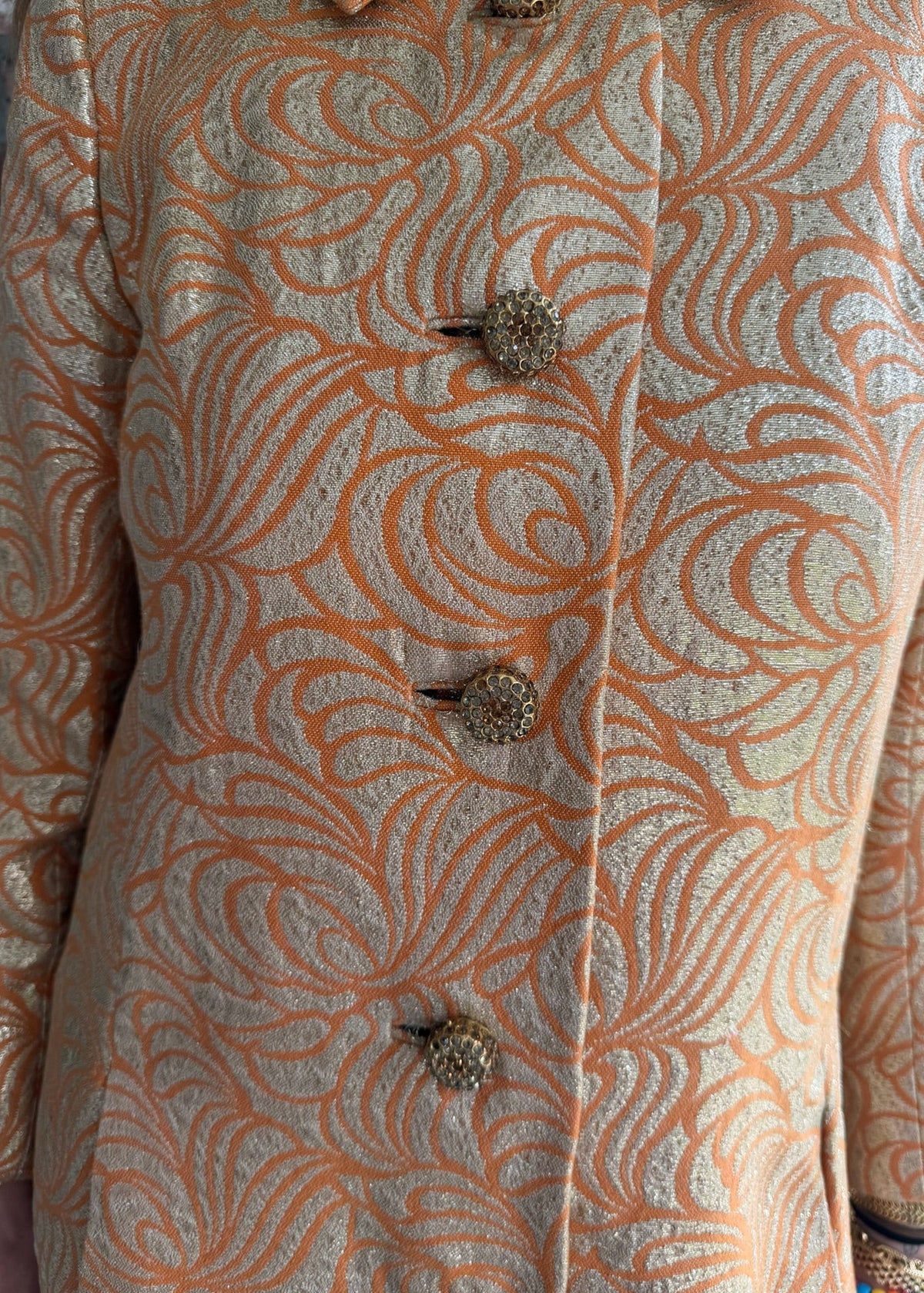 1960s - 1970s Gold & Orange Metallic Brocade Long Coat