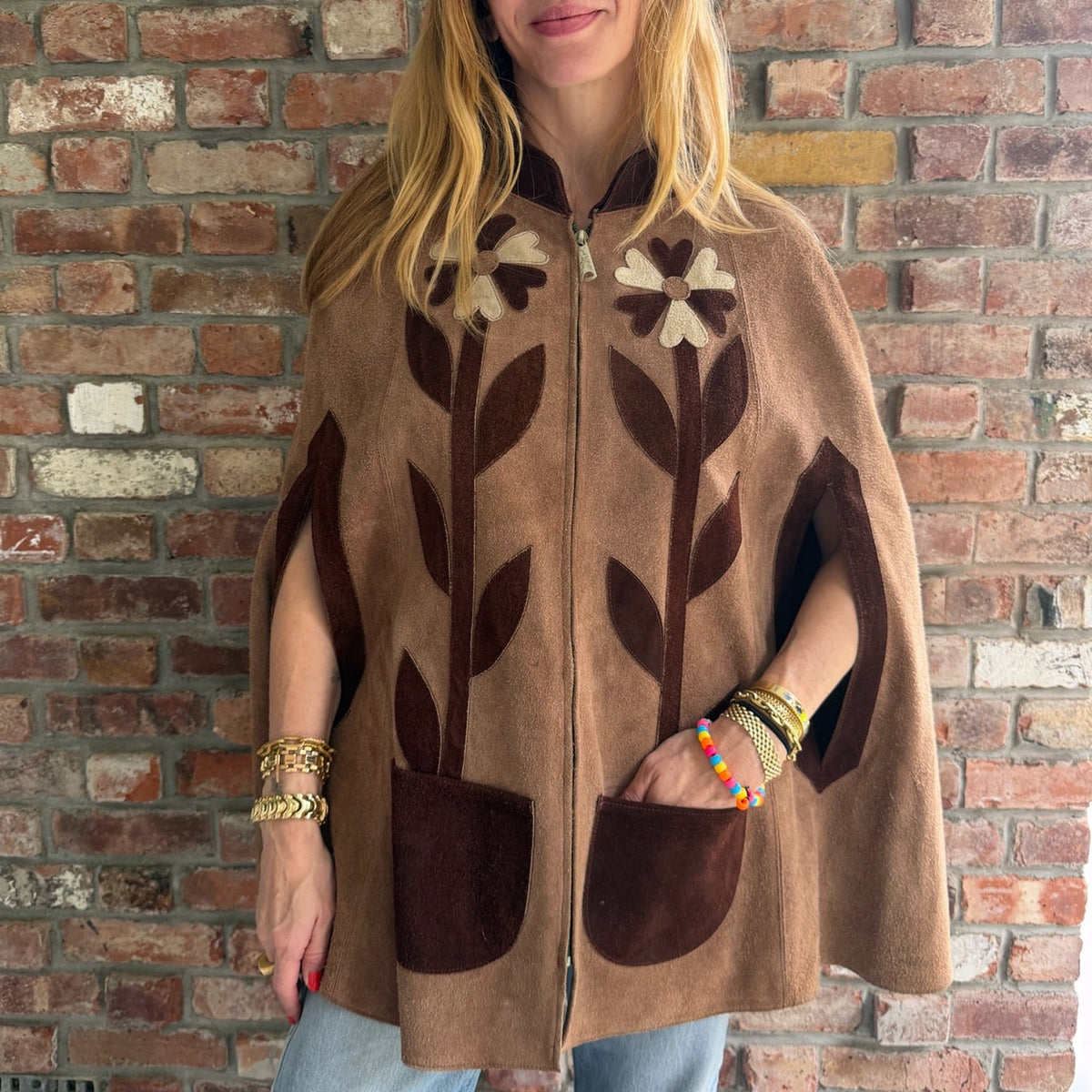 1960s Tan Suede Cape with Embroidered Flowers