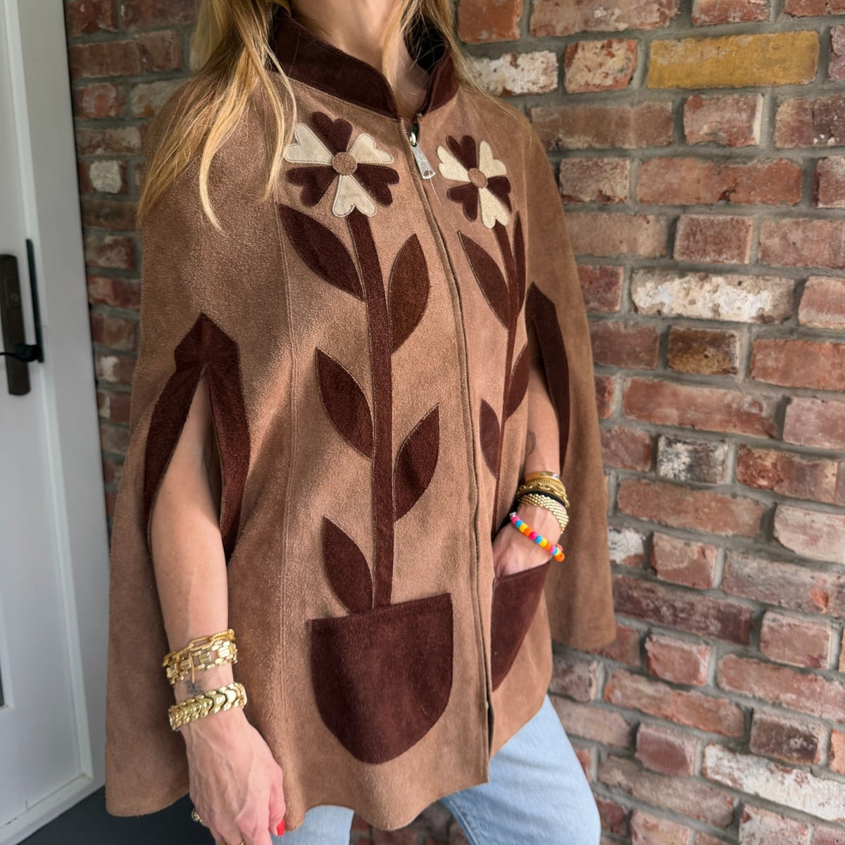 1960s Tan Suede Cape with Embroidered Flowers