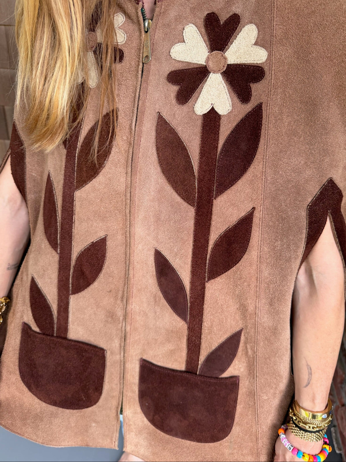 1960s Tan Suede Cape with Embroidered Flowers
