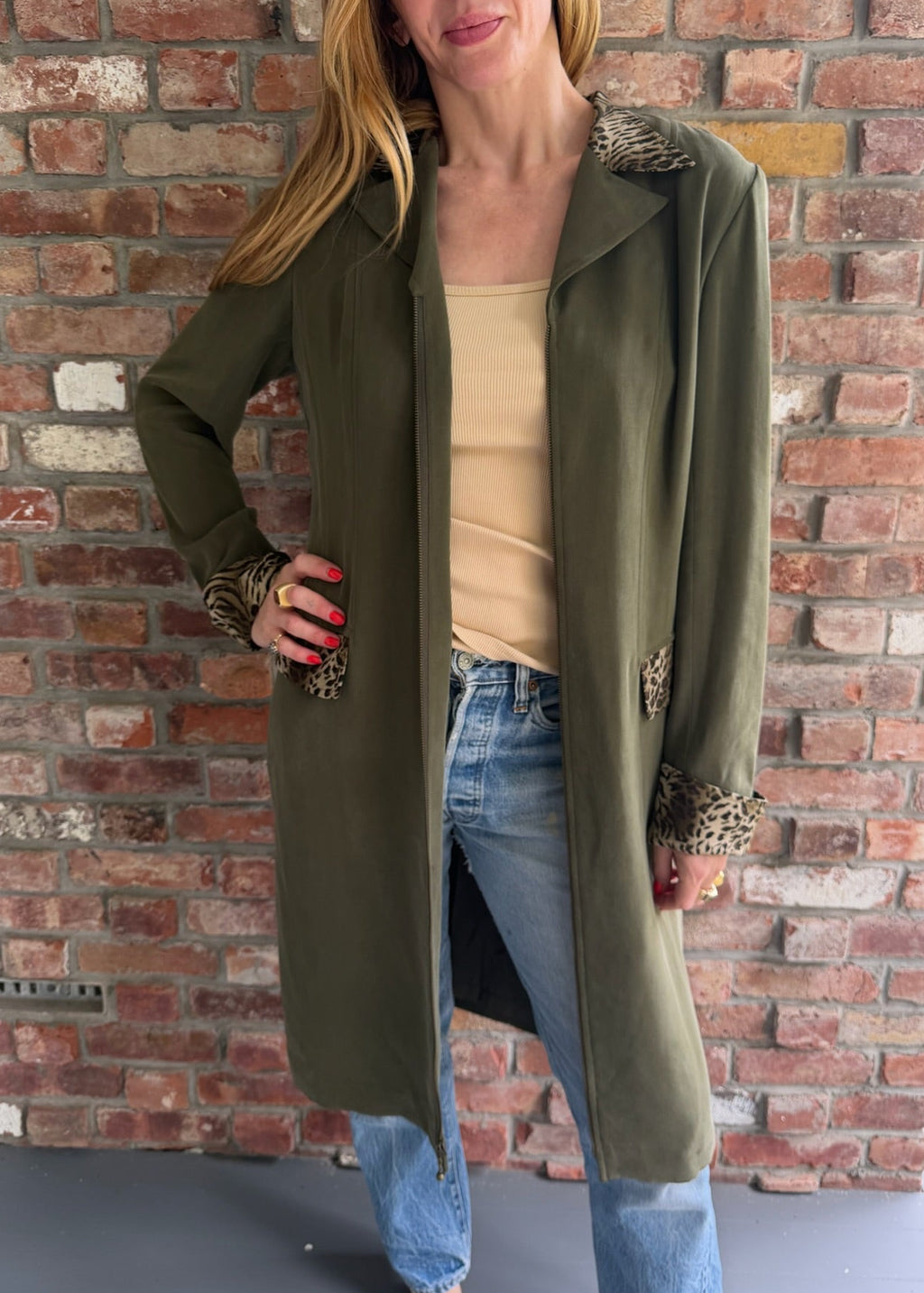 1990s Long Olive Green Duster Jacket with Leopard Print Trim