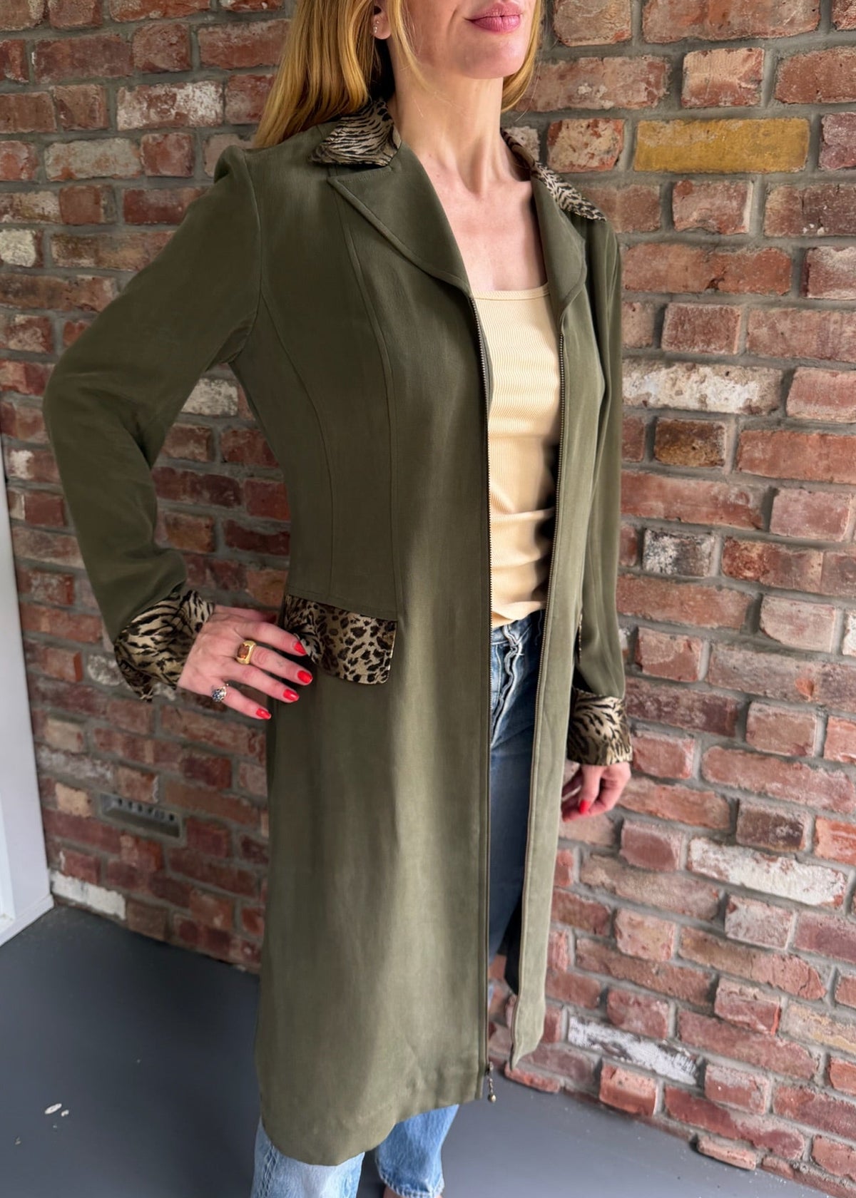 1990s Long Olive Green Duster Jacket with Leopard Print Trim