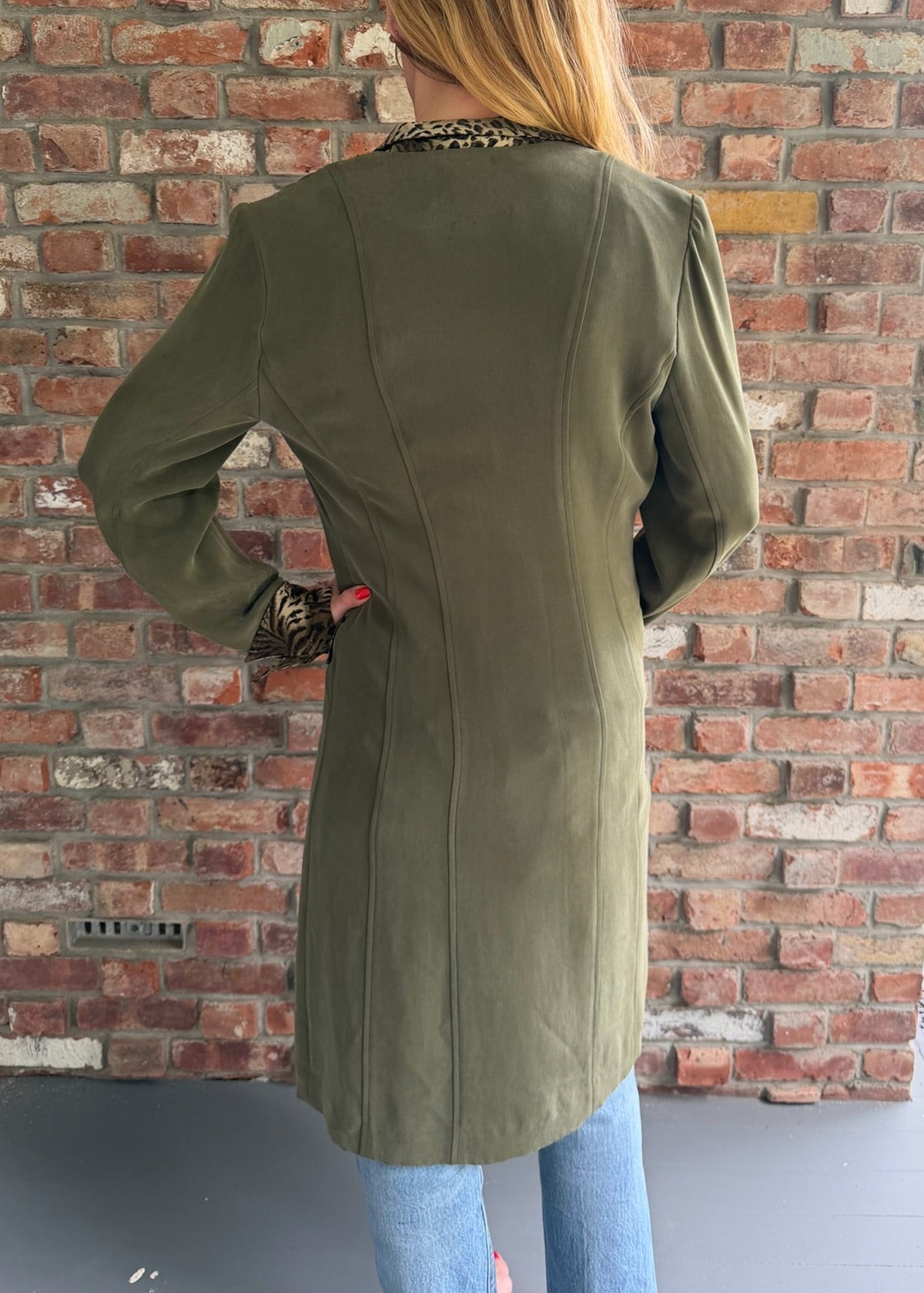 1990s Long Olive Green Duster Jacket with Leopard Print Trim