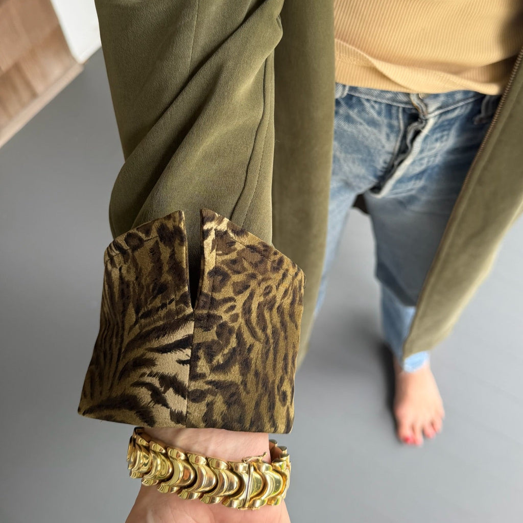 1990s Long Olive Green Duster Jacket with Leopard Print Trim