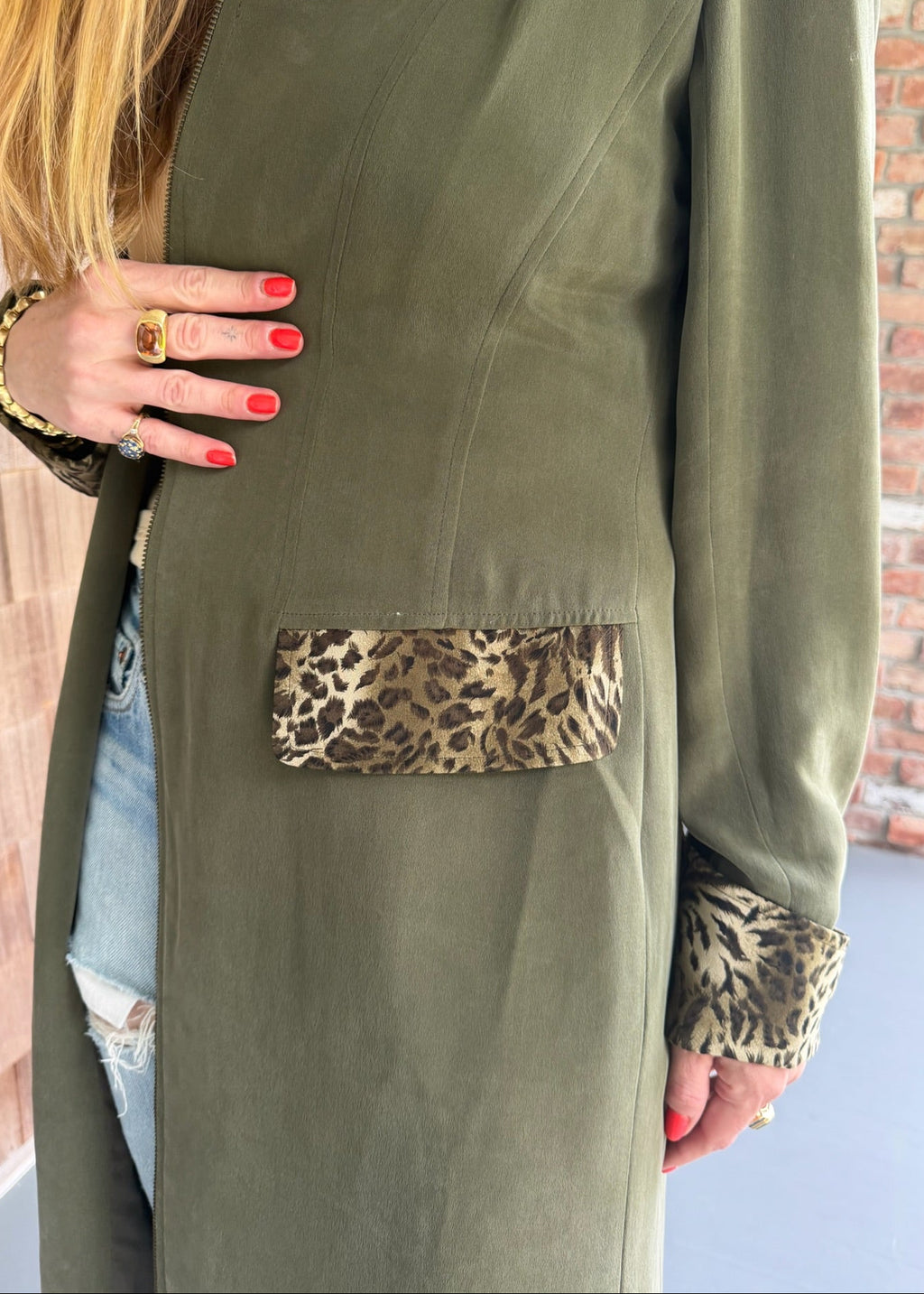 1990s Long Olive Green Duster Jacket with Leopard Print Trim