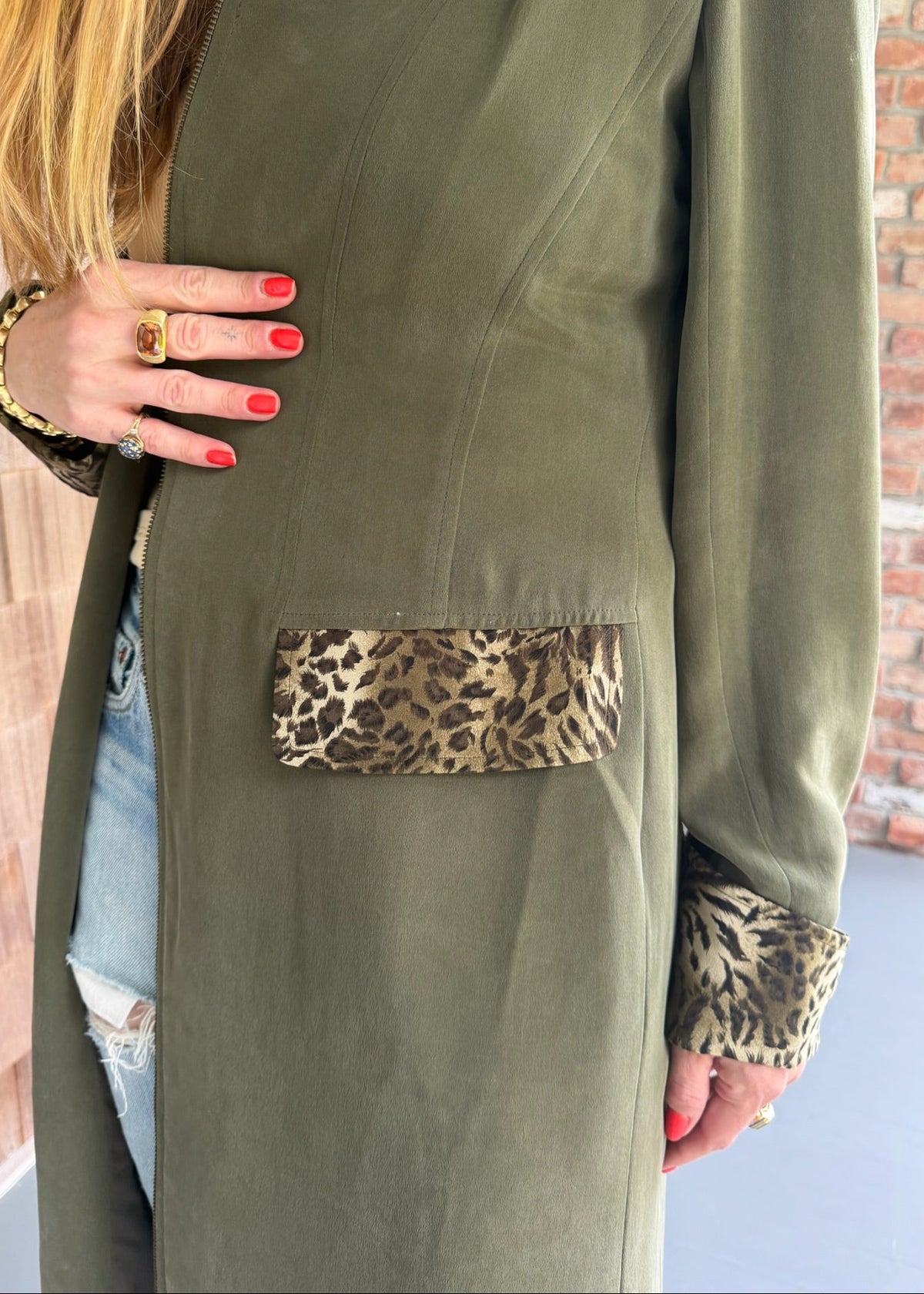 1990s Long Olive Green Duster Jacket with Leopard Print Trim