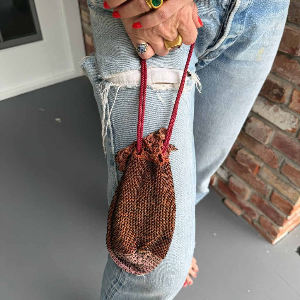 1910s Victorian Edwardian Brown Micro Beaded Drawstring Purse