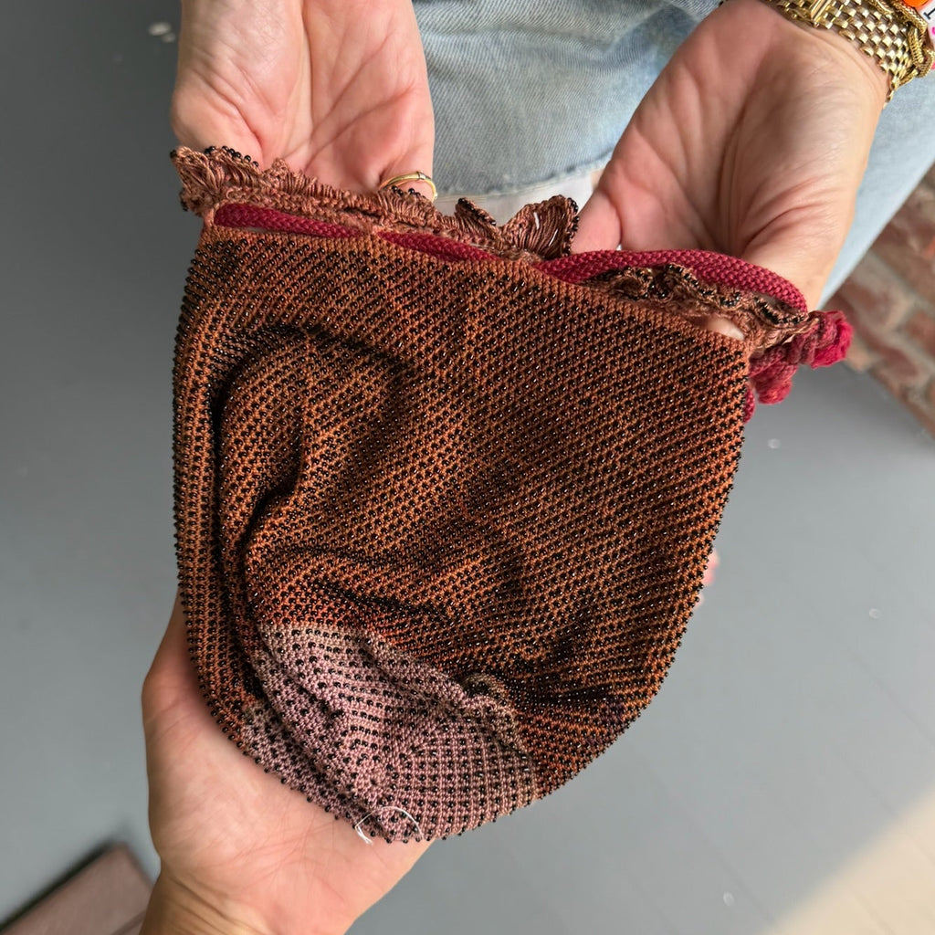 1910s Victorian Edwardian Brown Micro Beaded Drawstring Purse