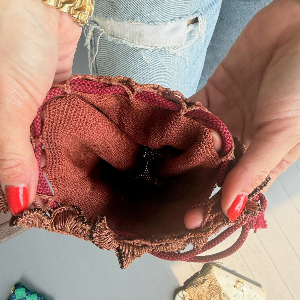 1910s Victorian Edwardian Brown Micro Beaded Drawstring Purse