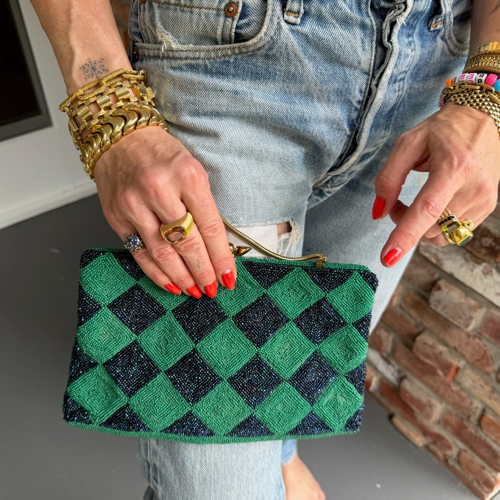 1960s Green & Black Harlequin Beaded Evening Bag