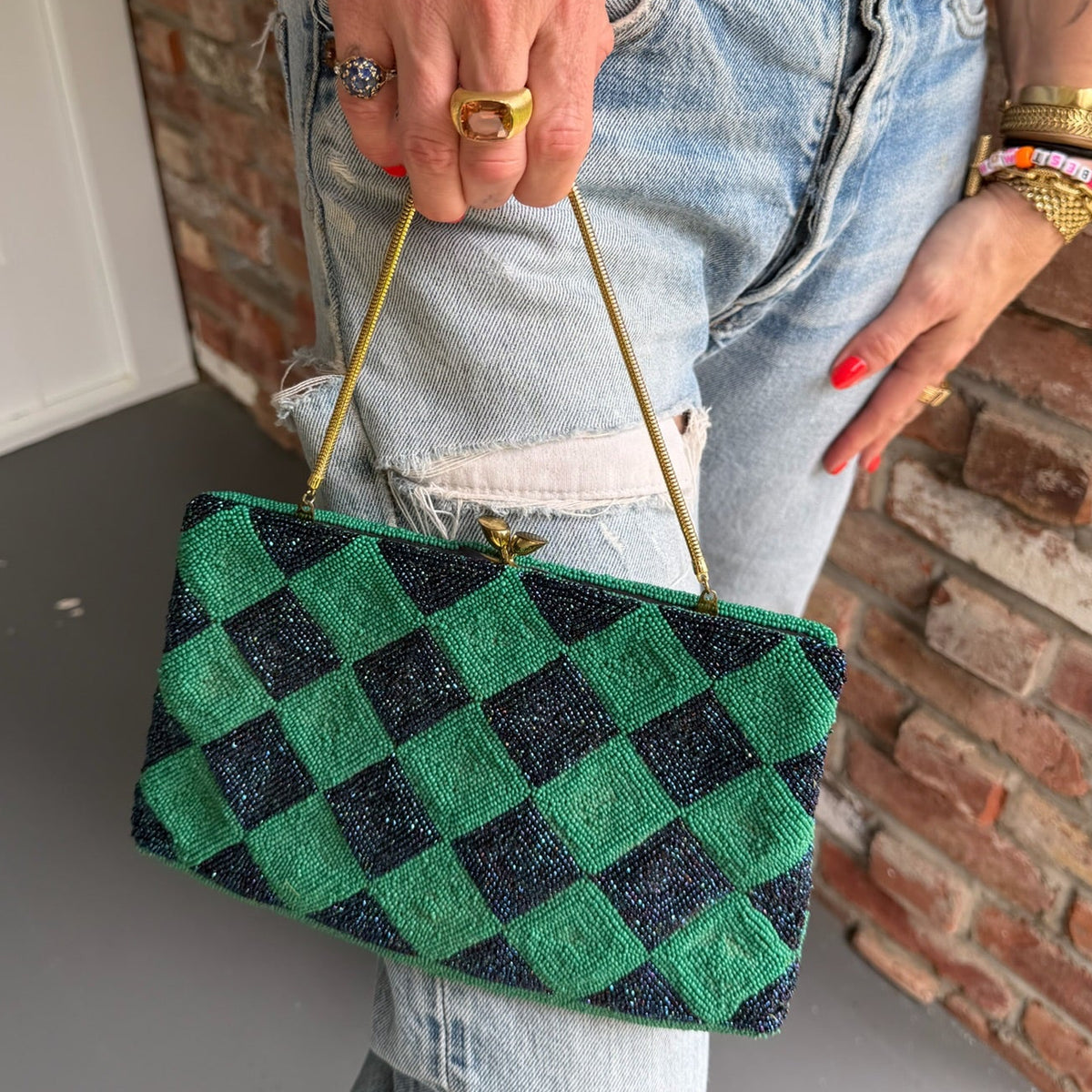 1960s Green & Black Harlequin Beaded Evening Bag