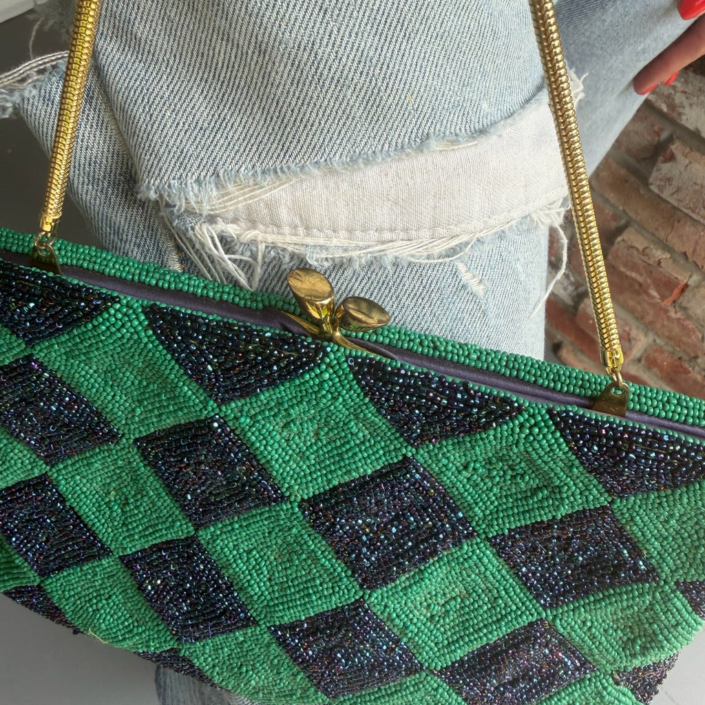 1960s Green & Black Harlequin Beaded Evening Bag