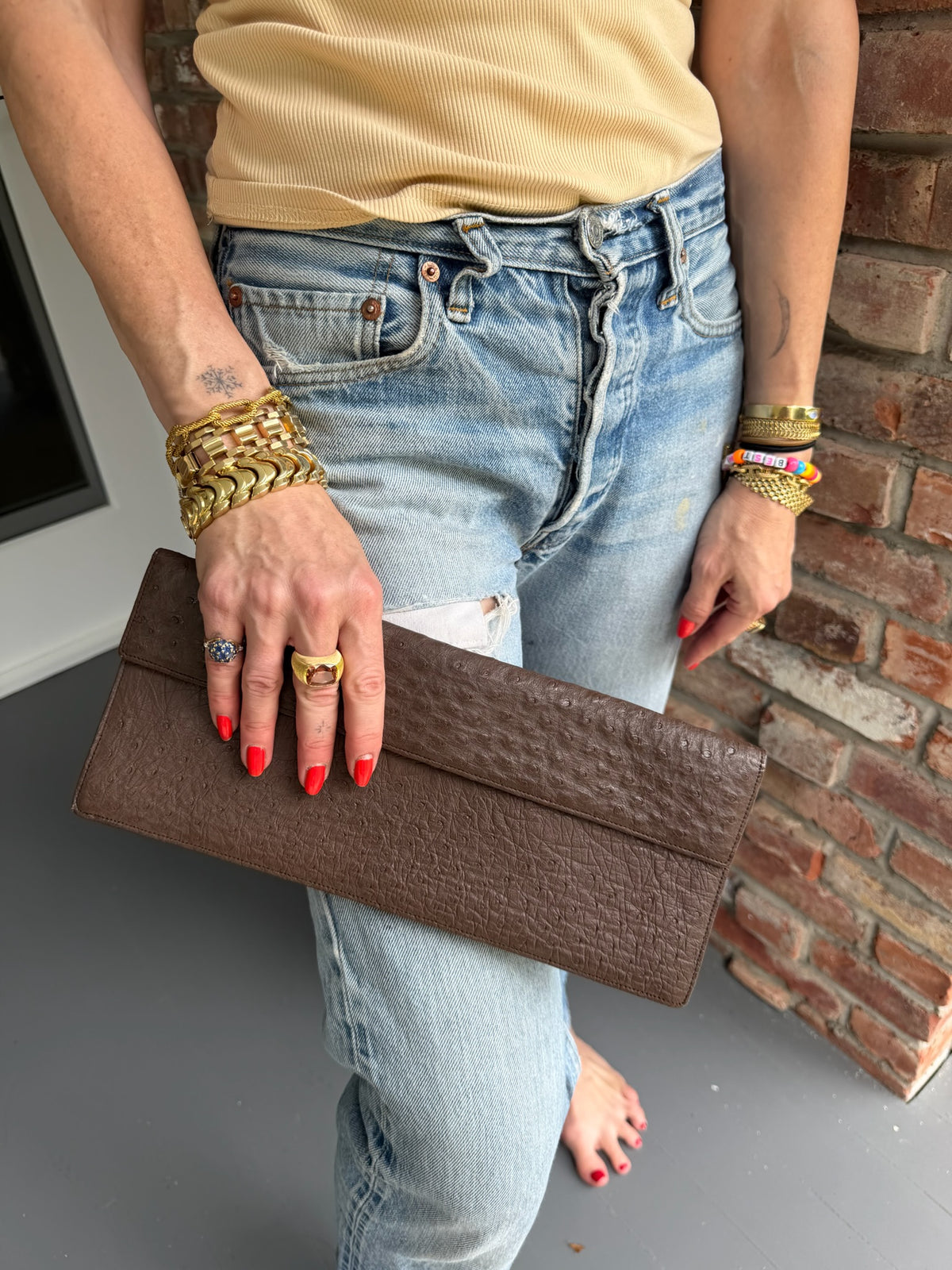 1970s - 1980s Brown Ostrich Envelope Clutch
