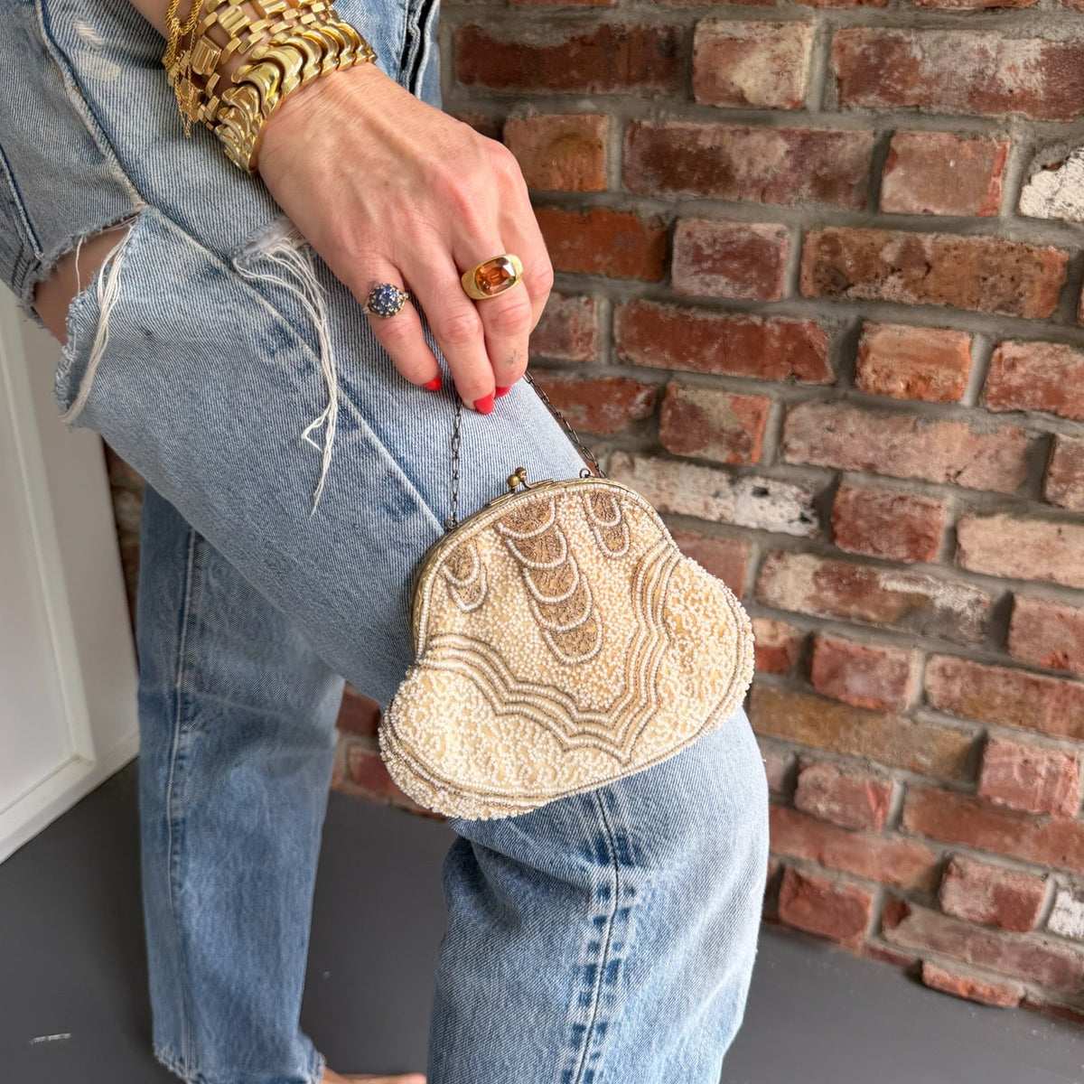 1940s - 1950s Ivory Beaded Evening Bag with Chain Handle