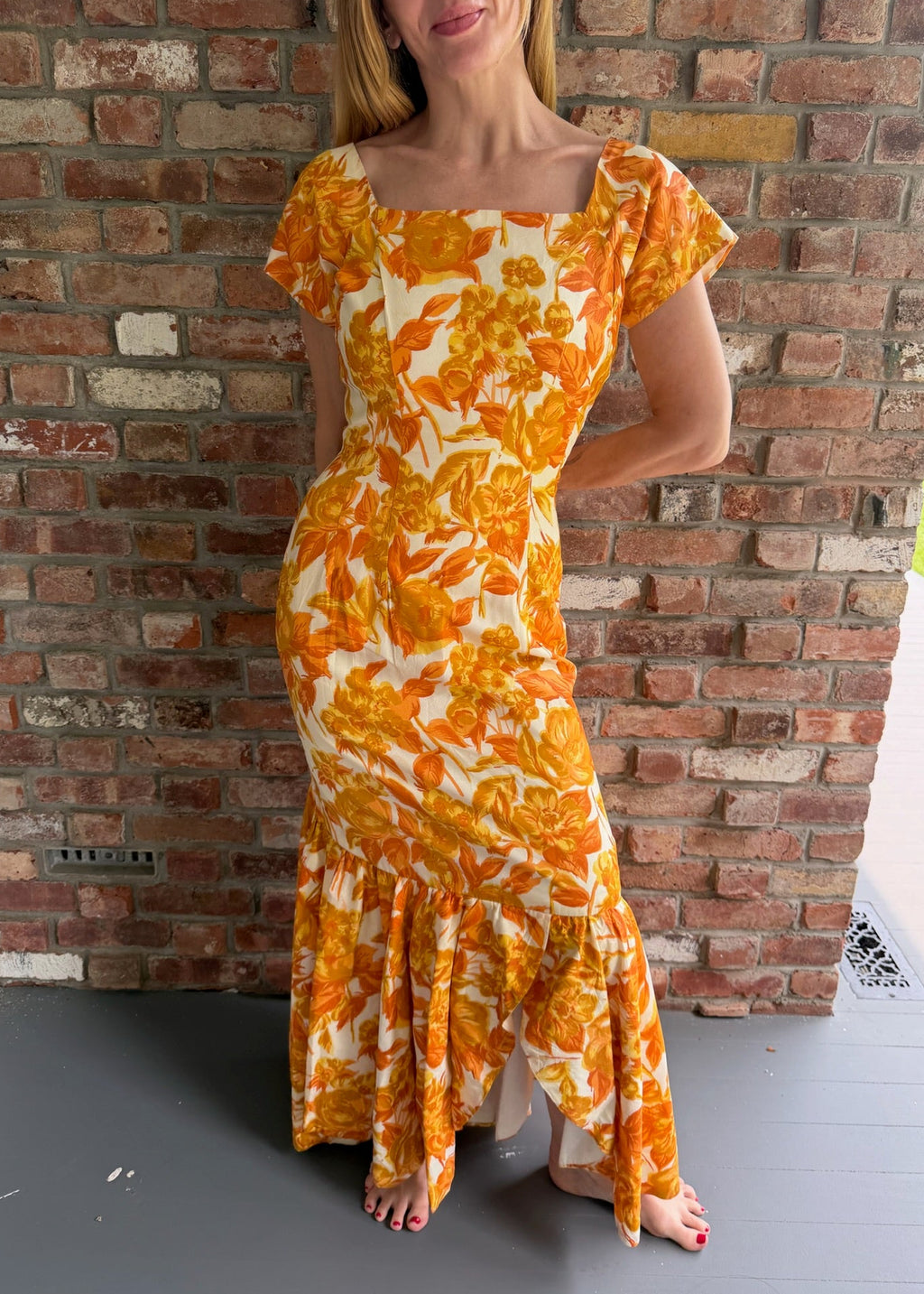 1990s Orange Floral Maxi Dress Square Neck