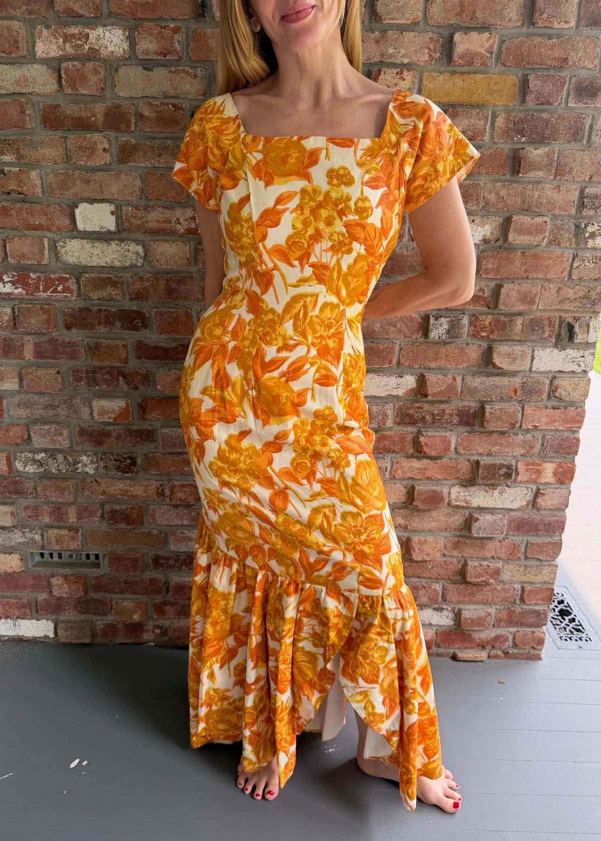 1990s Orange Floral Maxi Dress Square Neck