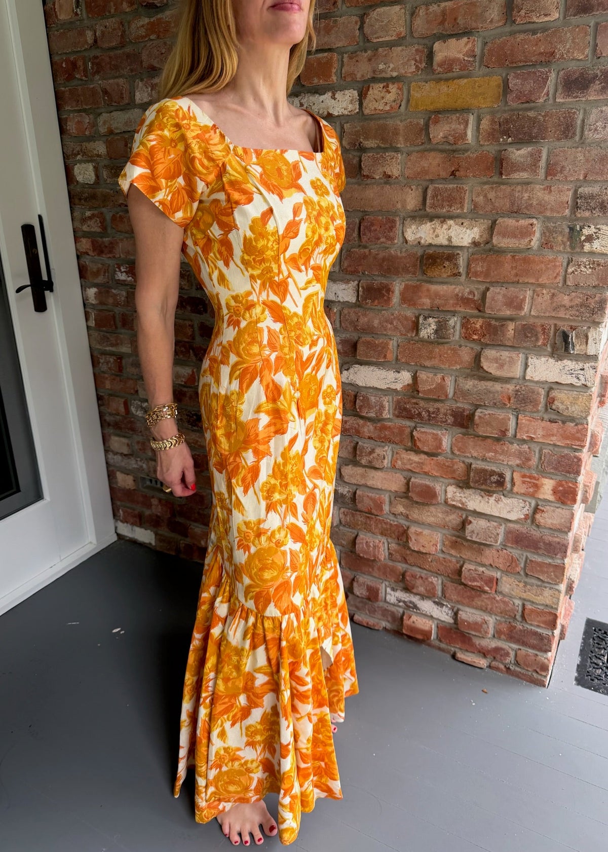 1990s Orange Floral Maxi Dress Square Neck