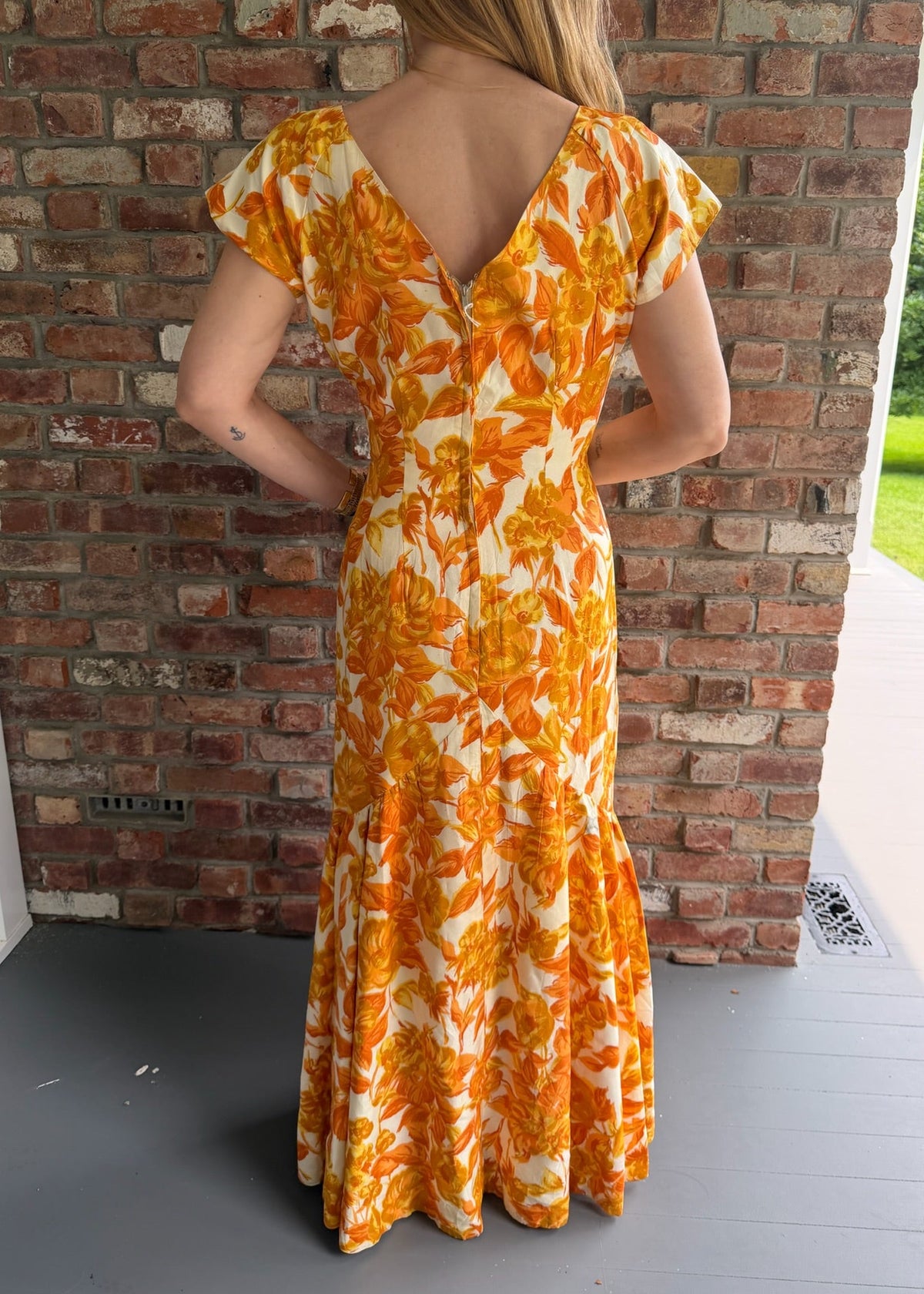 1990s Orange Floral Maxi Dress Square Neck