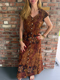1990s Brown Floral Paisley Button Front Maxi Dress