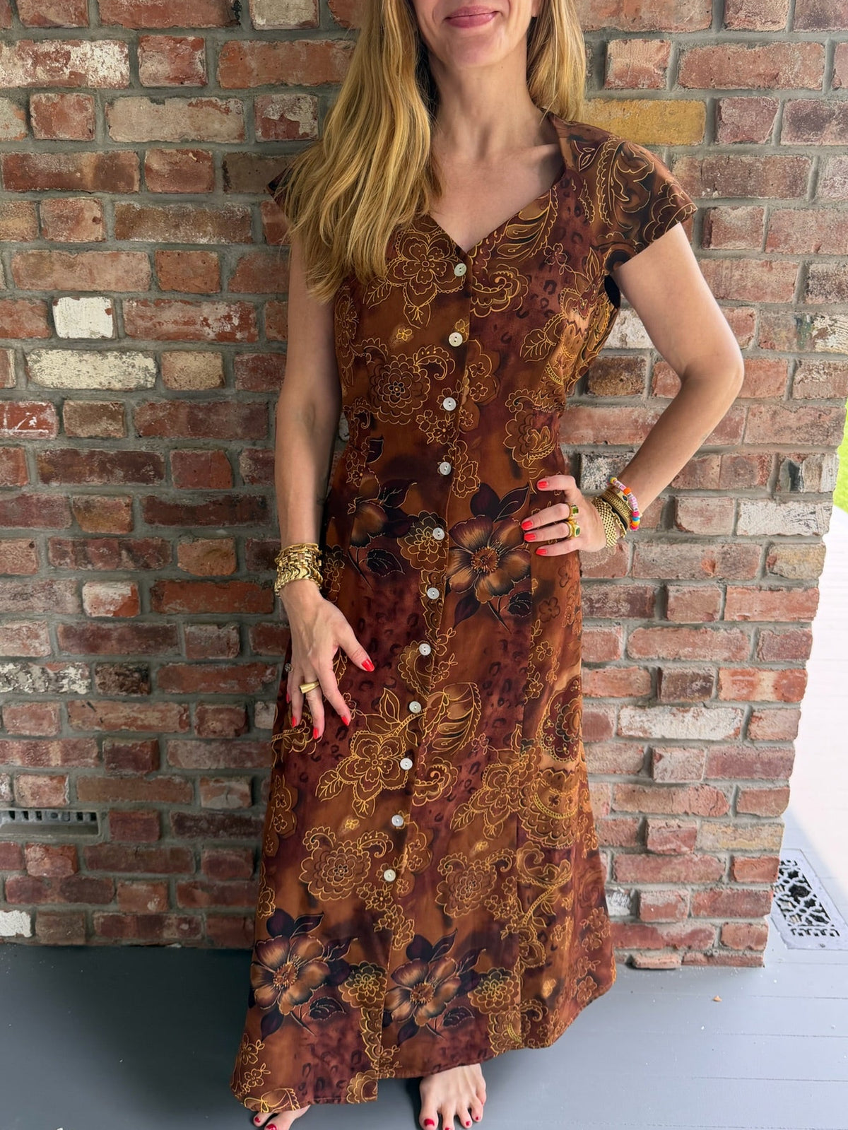 1990s Brown Floral Paisley Button Front Maxi Dress