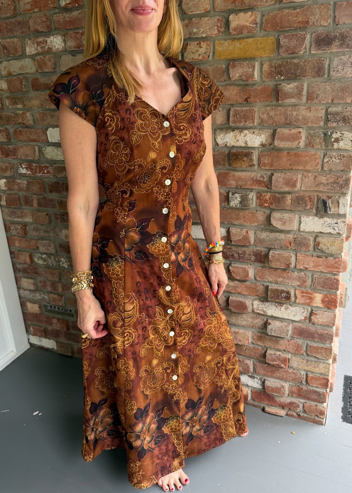 1990s Brown Floral Paisley Button Front Maxi Dress