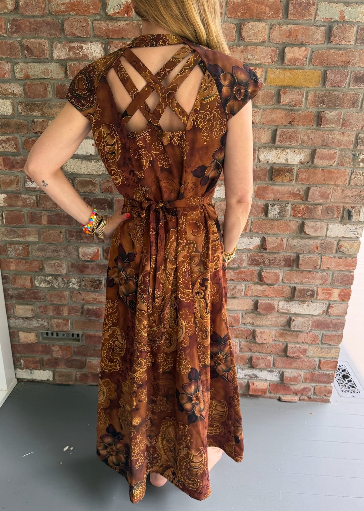1990s Brown Floral Paisley Button Front Maxi Dress