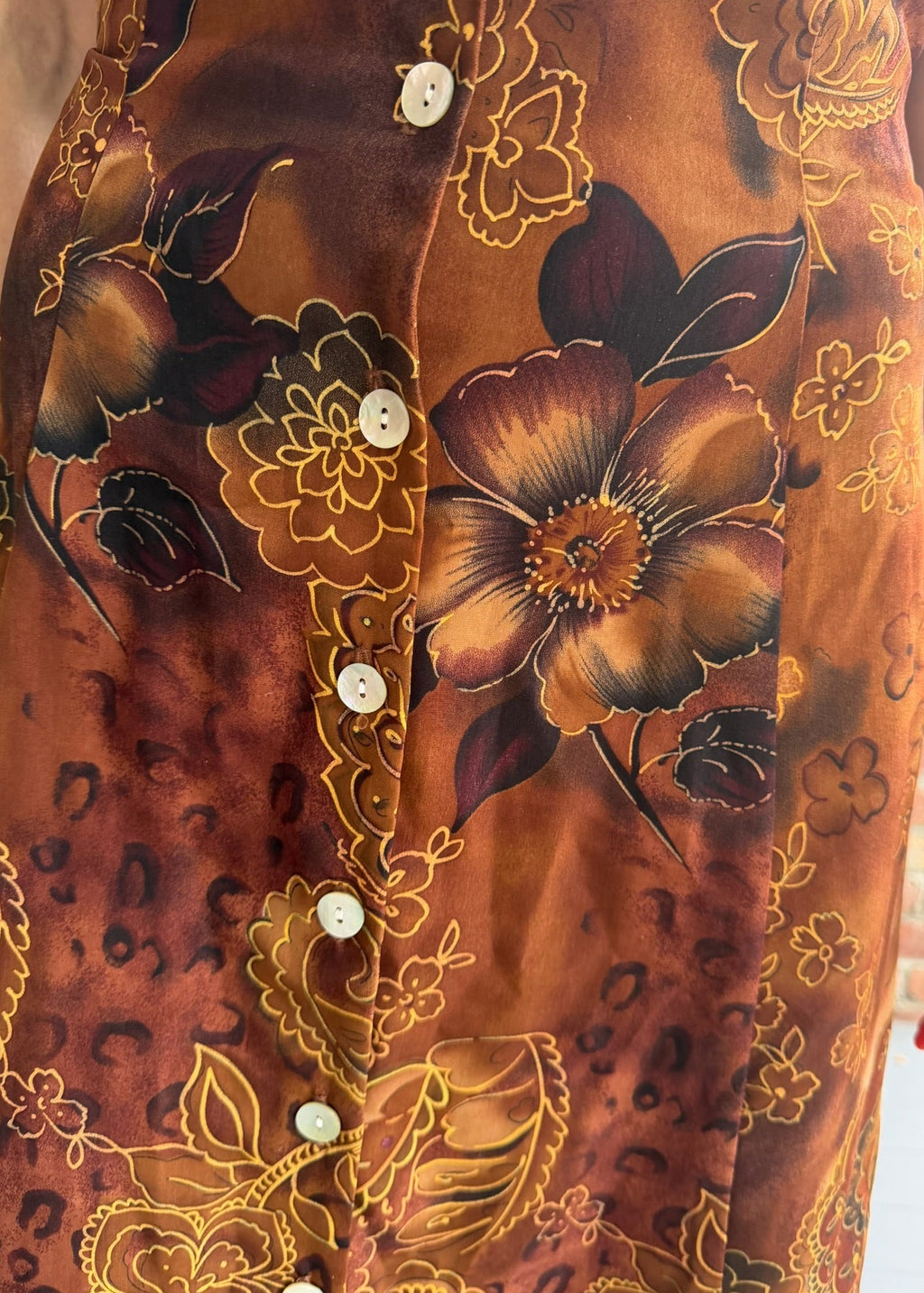 1990s Brown Floral Paisley Button Front Maxi Dress