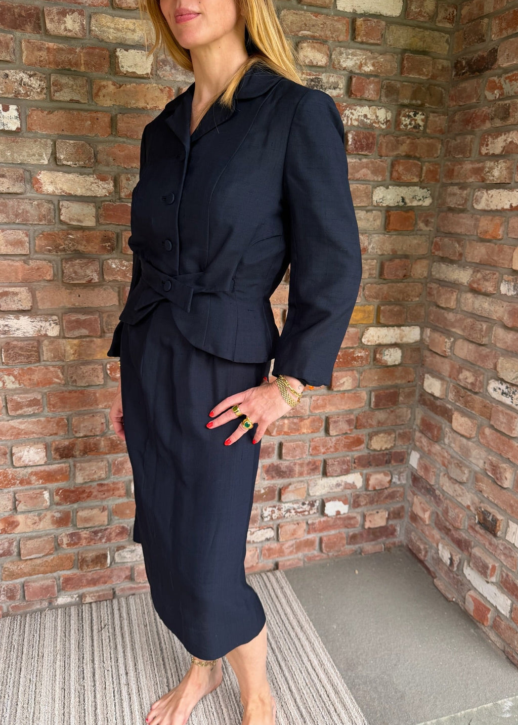 1940s Navy Blue Tailored Skirt Suit Peplum Jacket Set