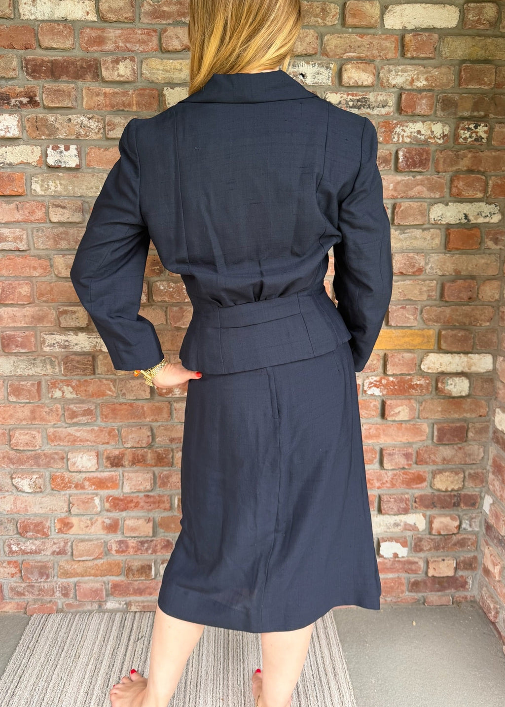 1940s Navy Blue Tailored Skirt Suit Peplum Jacket Set