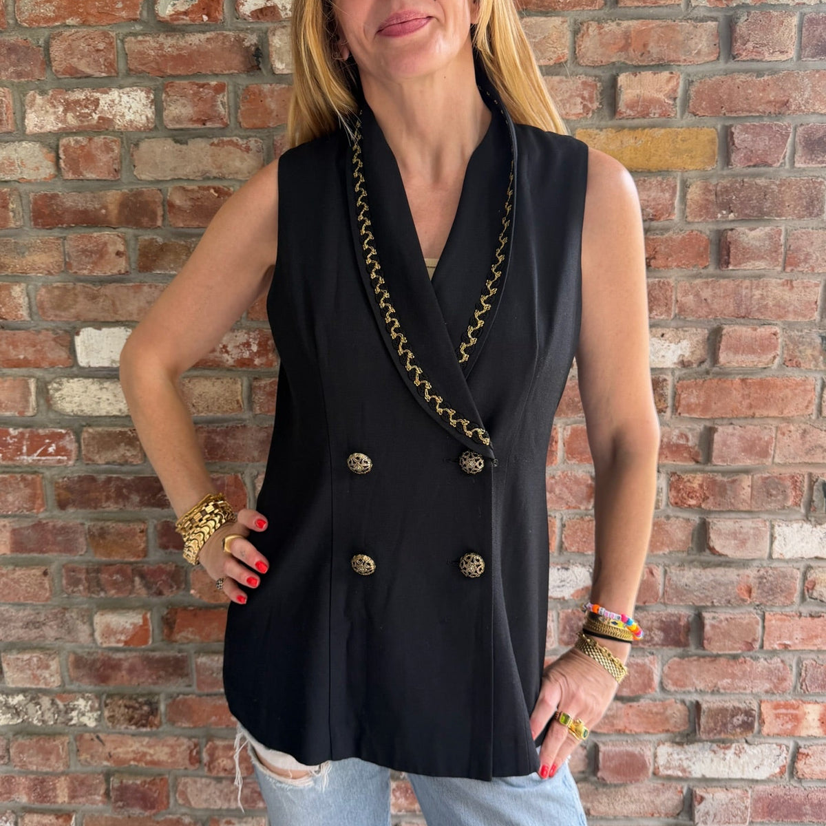 1980s Black Wool Gold Vest with Gold Piping