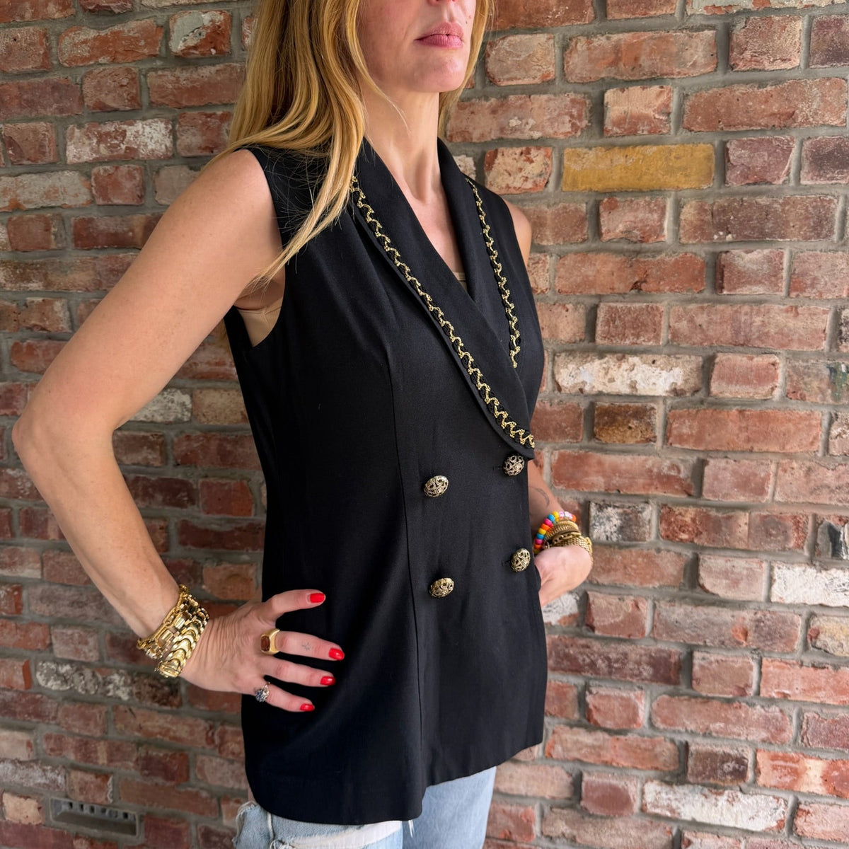 1980s Black Wool Gold Vest with Gold Piping