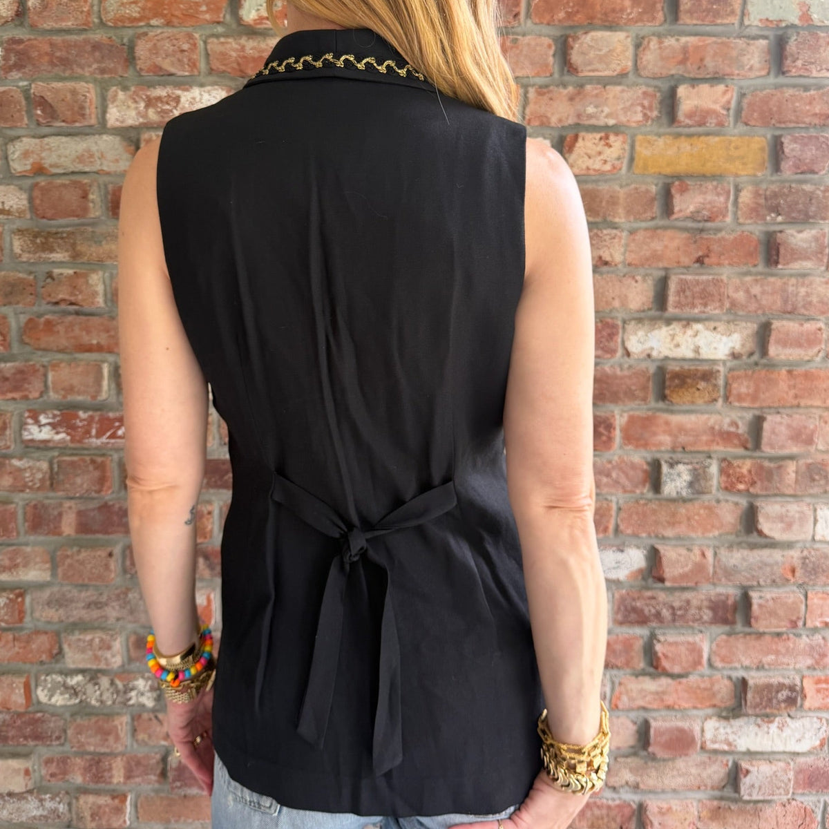 1980s Black Wool Gold Vest with Gold Piping