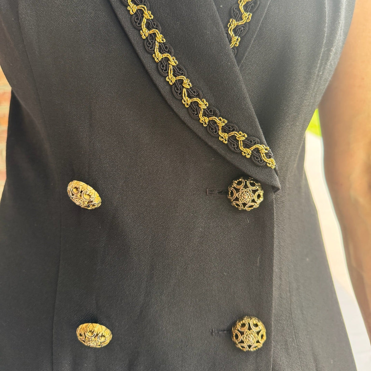 1980s Black Wool Gold Vest with Gold Piping