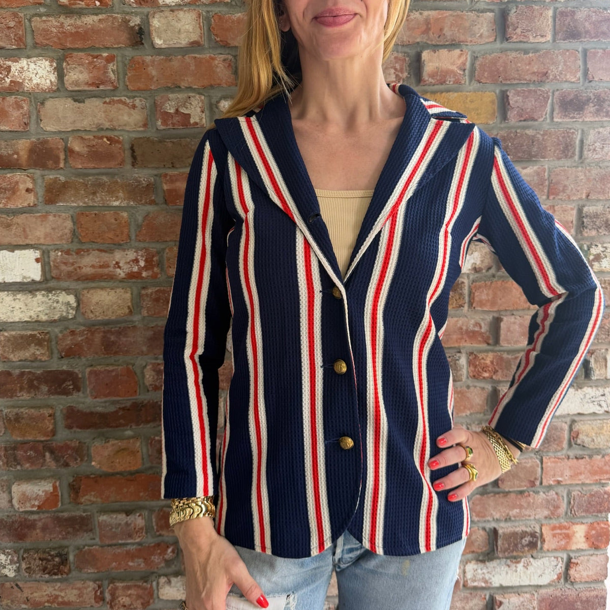 1970s - 1980s Red White Blue Striped Knit Blazer Jacket