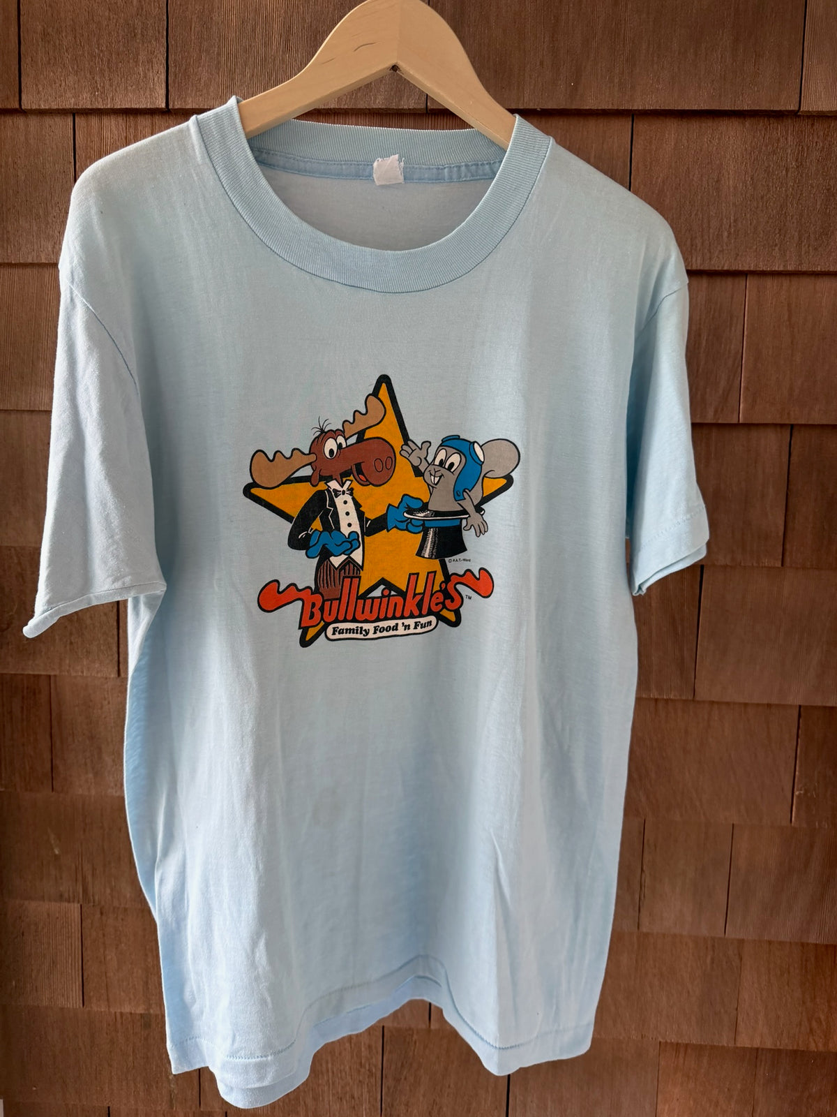 1980s Bullwinkle’s Family Food N Fun Light Blue T-Shirt