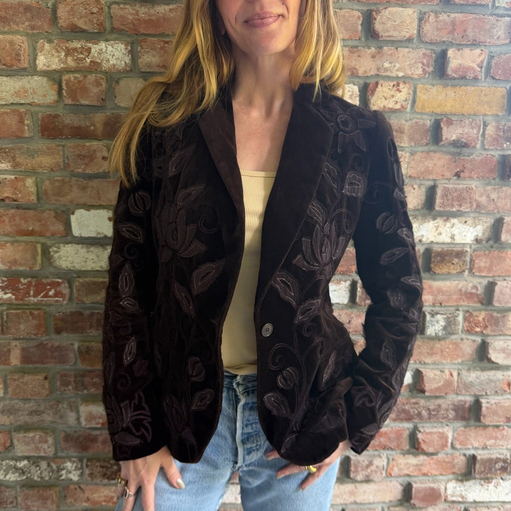 2002 (Fall) Chloé Chocolate Brown Velvet Floral Embroidered Blazer