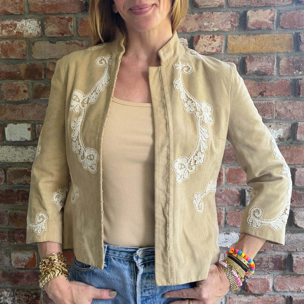 1990s - 2000s Dolce & Gabbana Goatskin Suede Lace Appliqué Jacket
