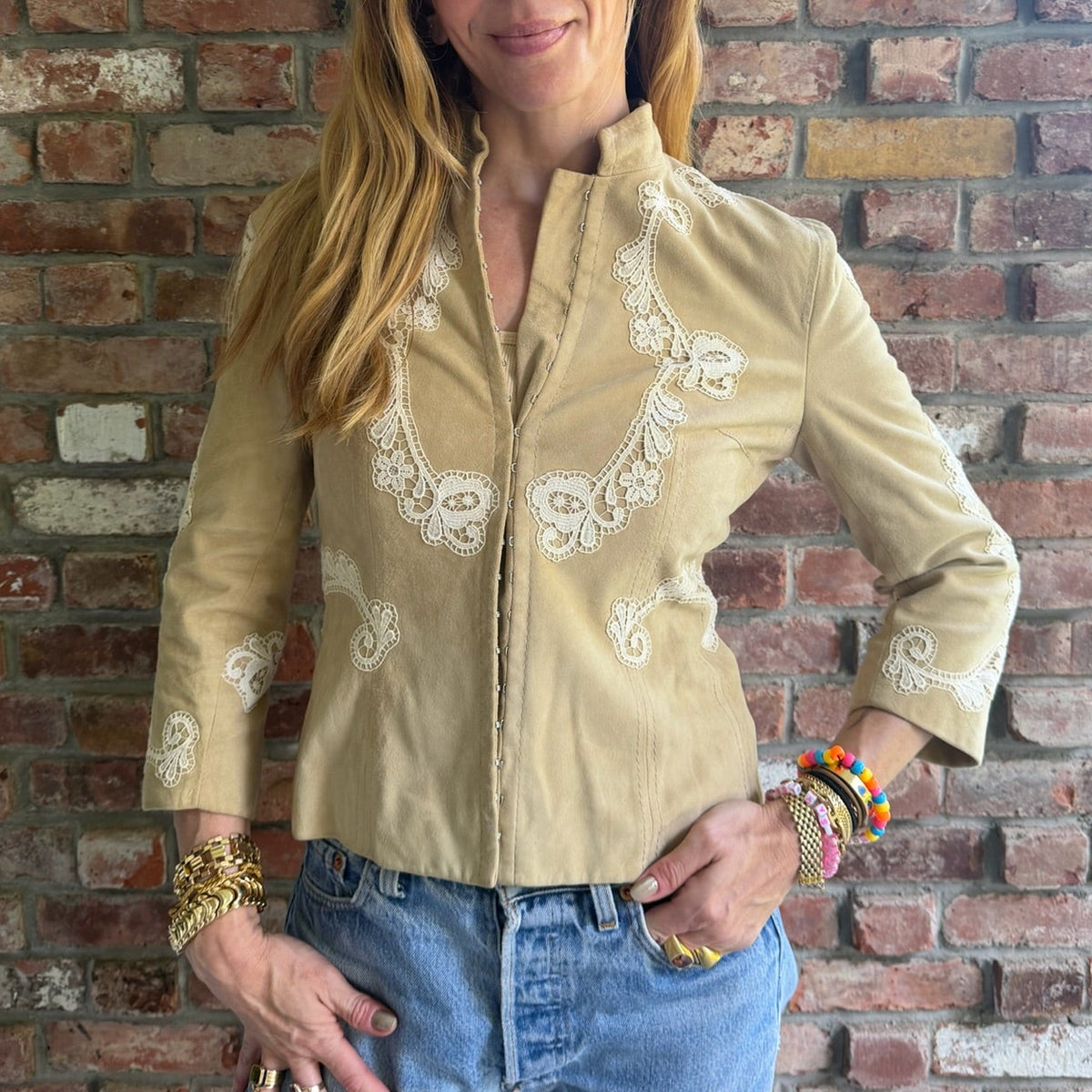 1990s - 2000s Dolce & Gabbana Goatskin Suede Lace Appliqué Jacket