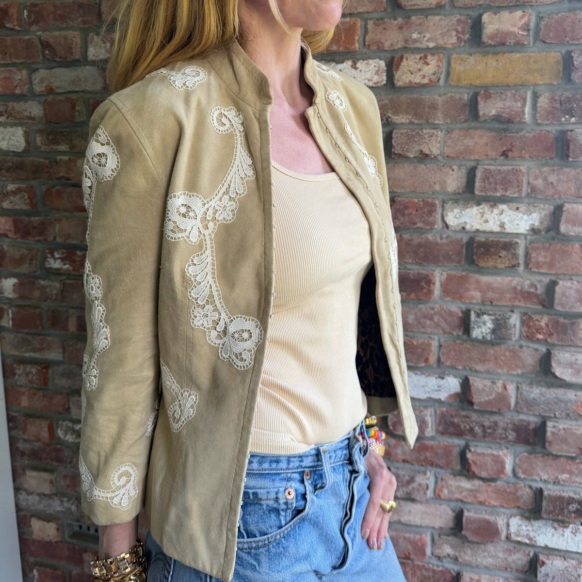 1990s - 2000s Dolce & Gabbana Goatskin Suede Lace Appliqué Jacket