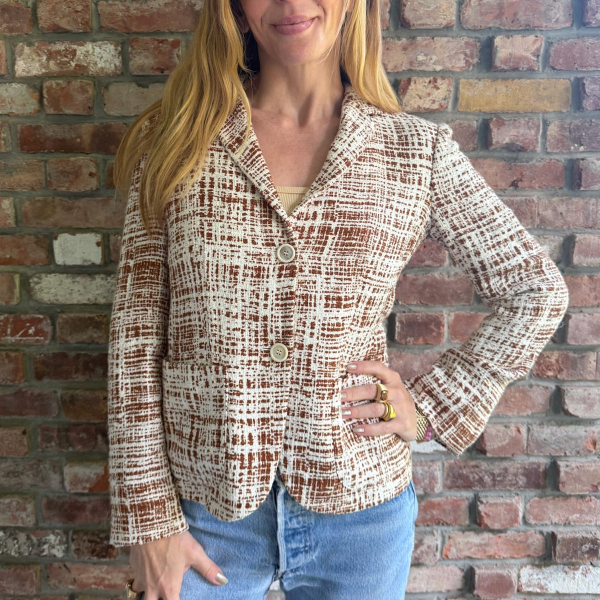 2011 (Resort) Prada Brown & Cream Textured Crosshatch Print Blazer