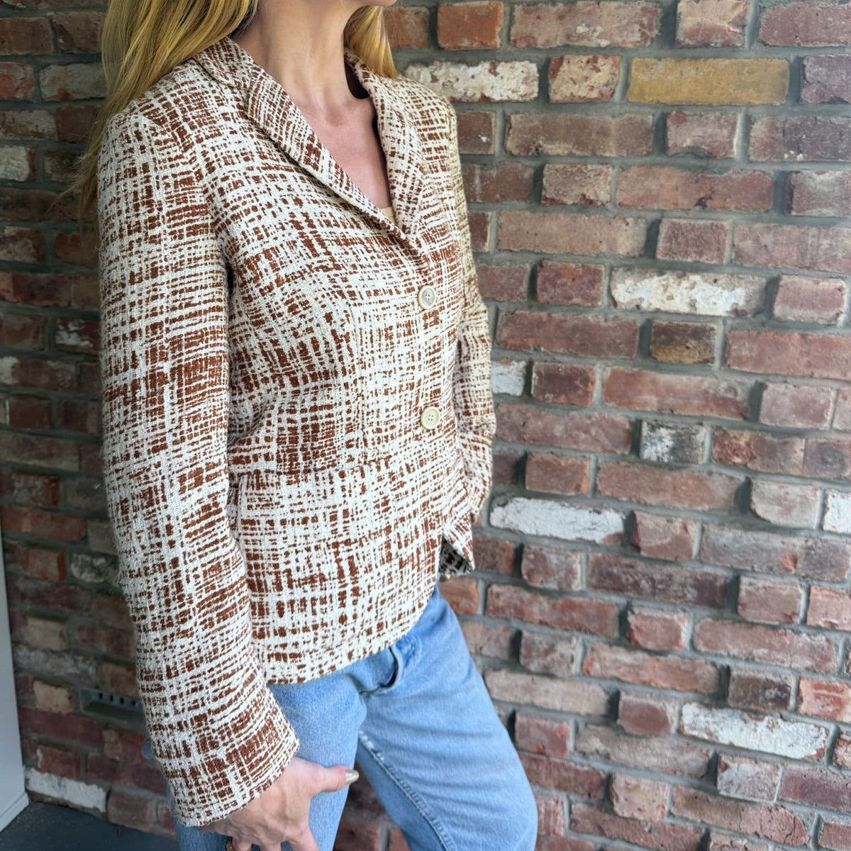 2011 (Resort) Prada Brown & Cream Textured Crosshatch Print Blazer